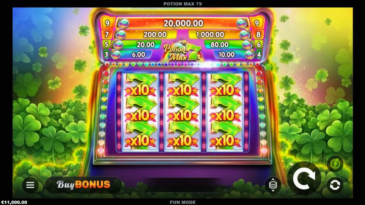 Interface do slot Potion Max 7s com símbolos de trevos e números 7