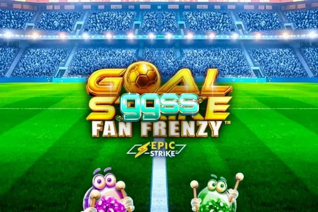 Interface vibrante do jogo Goal Strike Fan Frenzy com símbolos de futebol e estádio ao fundo